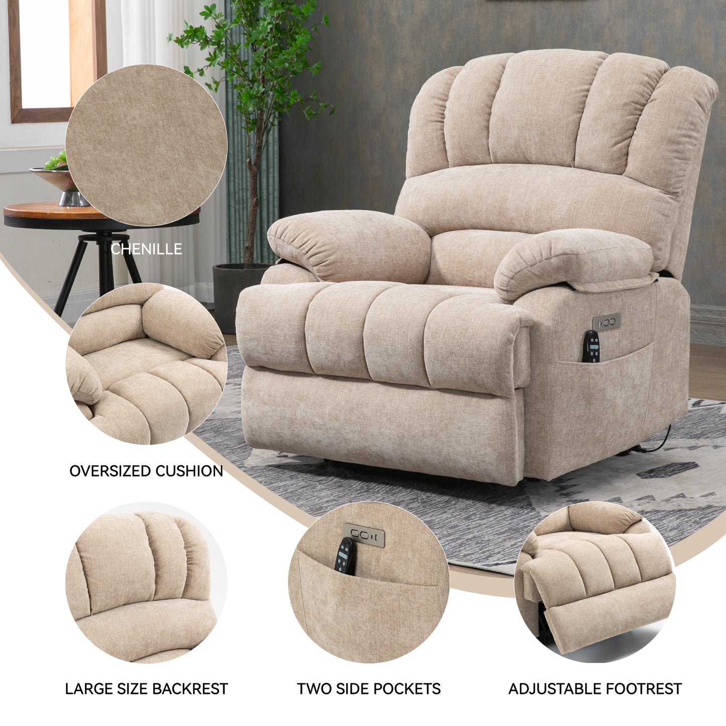 23" Seat Width and High Back Large Size Beige Chenille Power Lift Recliner Chair with 8-Point Vibration Massage and Lumbar Heating