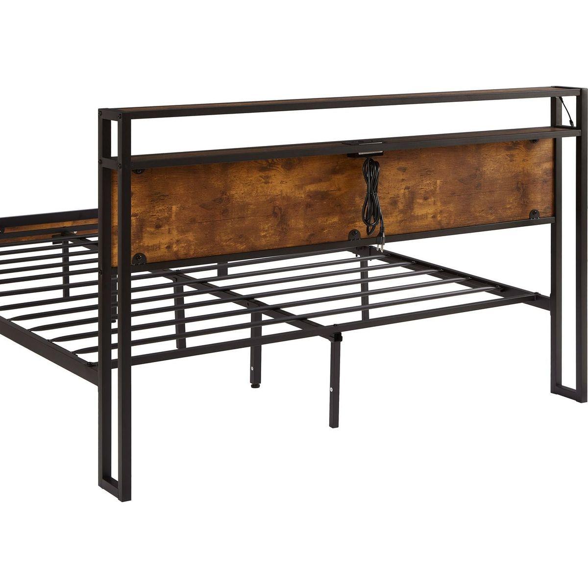 Queen Size Metal Platform Bed Frame with Wooden Headboard and Footboard with USB LINER,LED Lights, No Box Spring Needed, Large Under Bed Storage, Easy Assemble