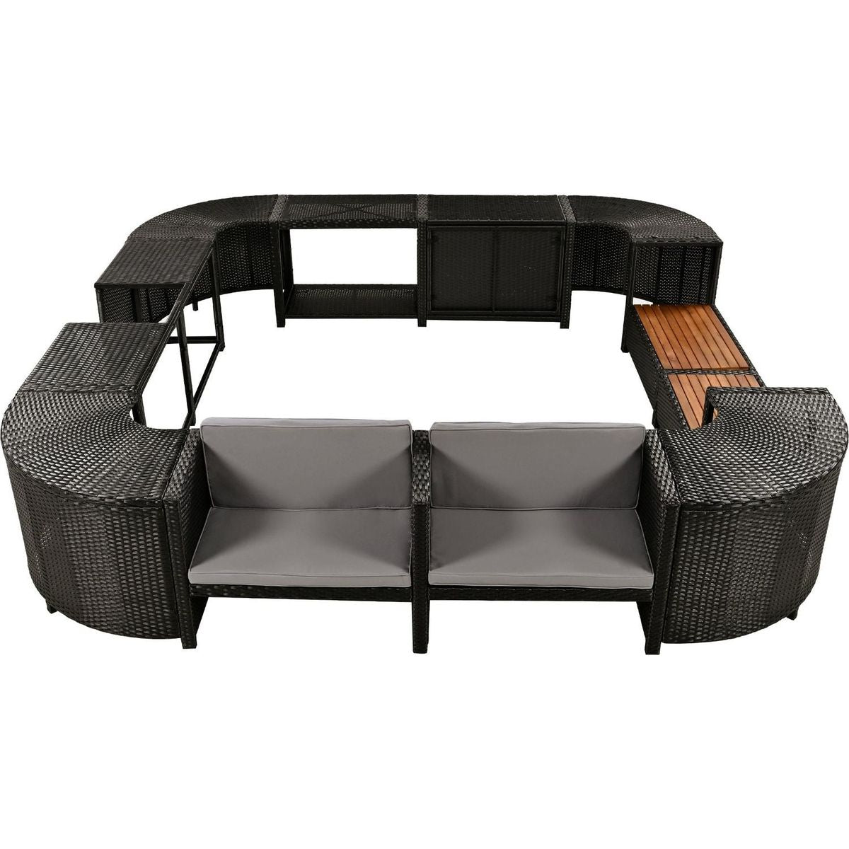 Spa Surround Spa Frame Quadrilateral Outdoor Rattan Sectional Sofa Set with Mini Sofa, Wooden Seats and Storage Spaces, Grey