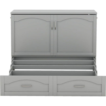 Full Size Murphy Bed Wall Bed with drawer and a set of Sockets & USB Ports, Pulley Structure Design, Gray