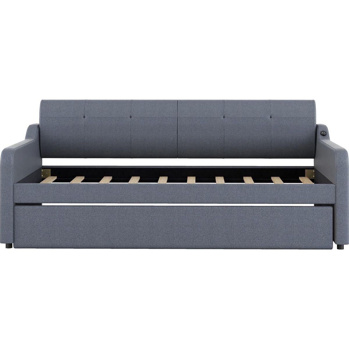Twin Size Upholstery DayBed with Trundle and USB Charging Design,Trundle can be flat or erected,Gray