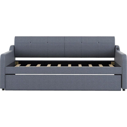 Twin Size Upholstery DayBed with Trundle and USB Charging Design,Trundle can be flat or erected,Gray