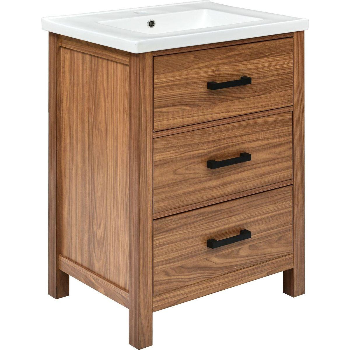 24" Bathroom Vanity with Ceramic Basin Sink, Modern Bathroom Storage Cabinet with 3 Drawers, Freestanding Bathroom Vanity Cabinet with Single Sink