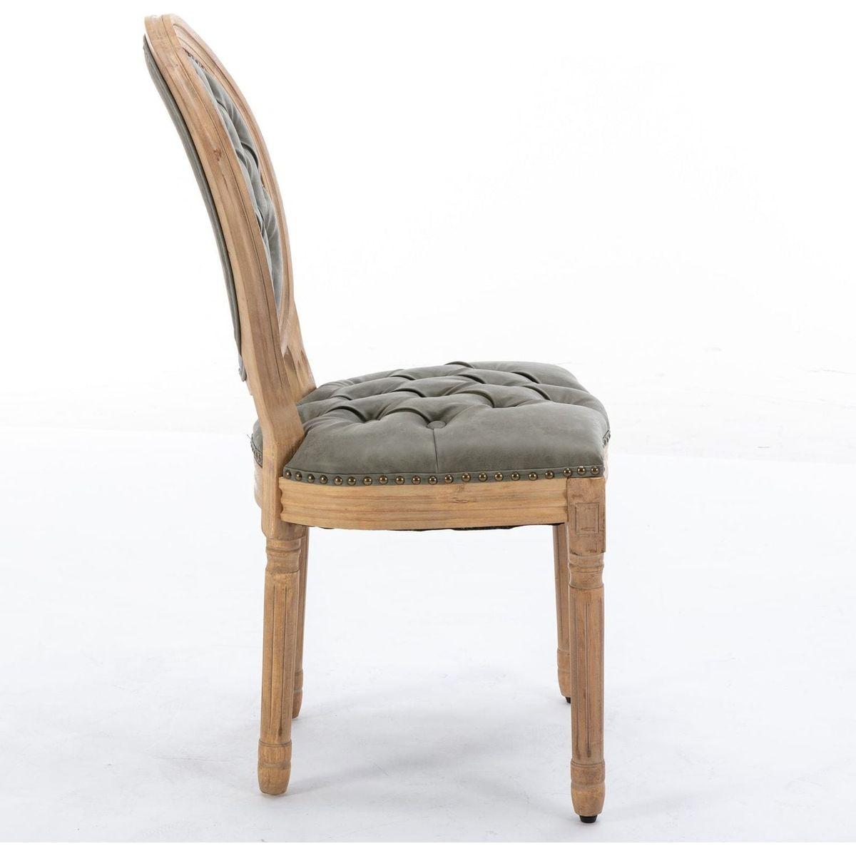 French Style Solid Wood Frame Antique Painting,Hand-pulled buckle decoration PU artificial leather Dining Chair with Nailhead Trim, Wood Legs,Set of 2,White Pine Green