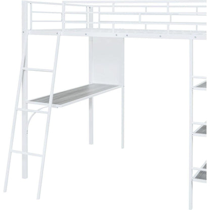 Full Size Loft Metal Bed with 3 Layers of Shelves and Desk, Stylish Metal Frame Bed with Whiteboard, White