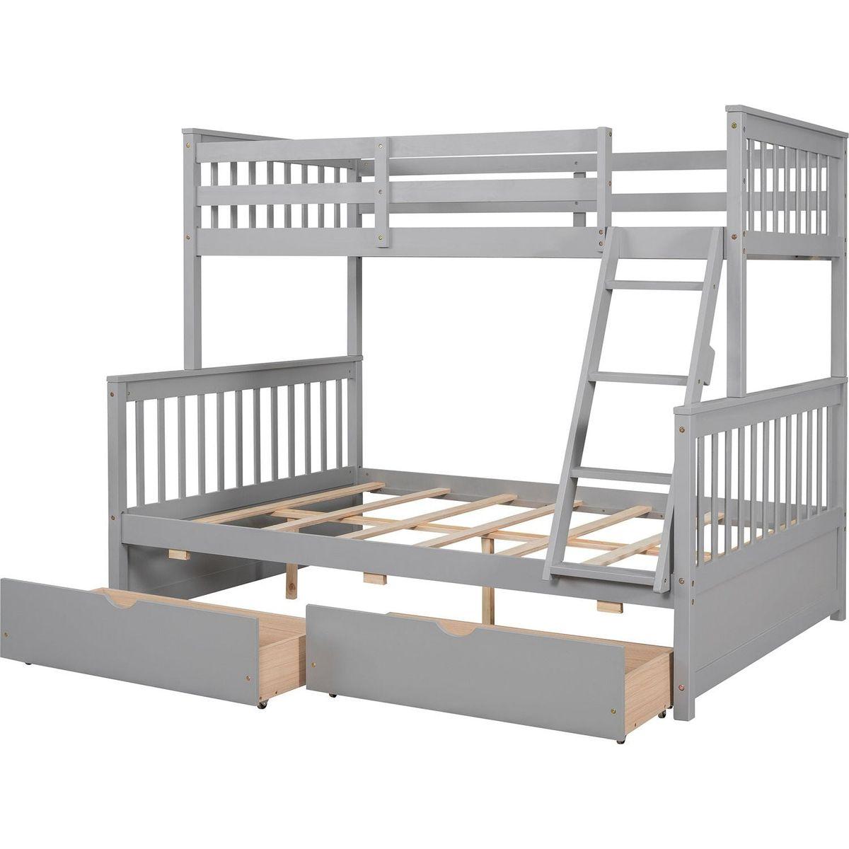 Twin-Over-Full Bunk Bed with Ladders and Two Storage Drawers(Gray){o