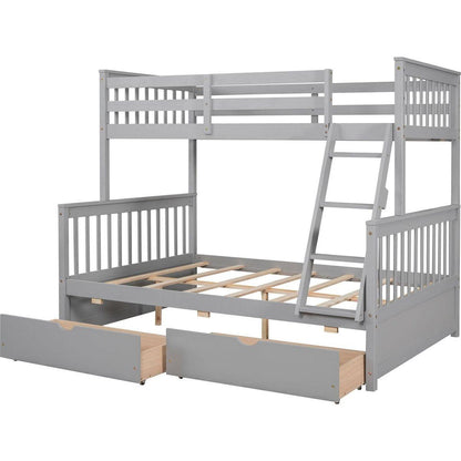 Twin-Over-Full Bunk Bed with Ladders and Two Storage Drawers(Gray){o