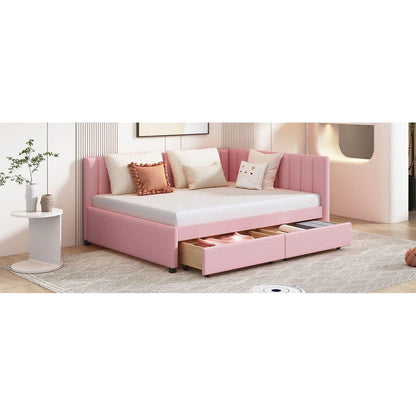 Full Size Upholstered Daybed with 2 Storage Drawers Sofa Bed Frame No Box Spring Needed, Linen Fabric (Pink)