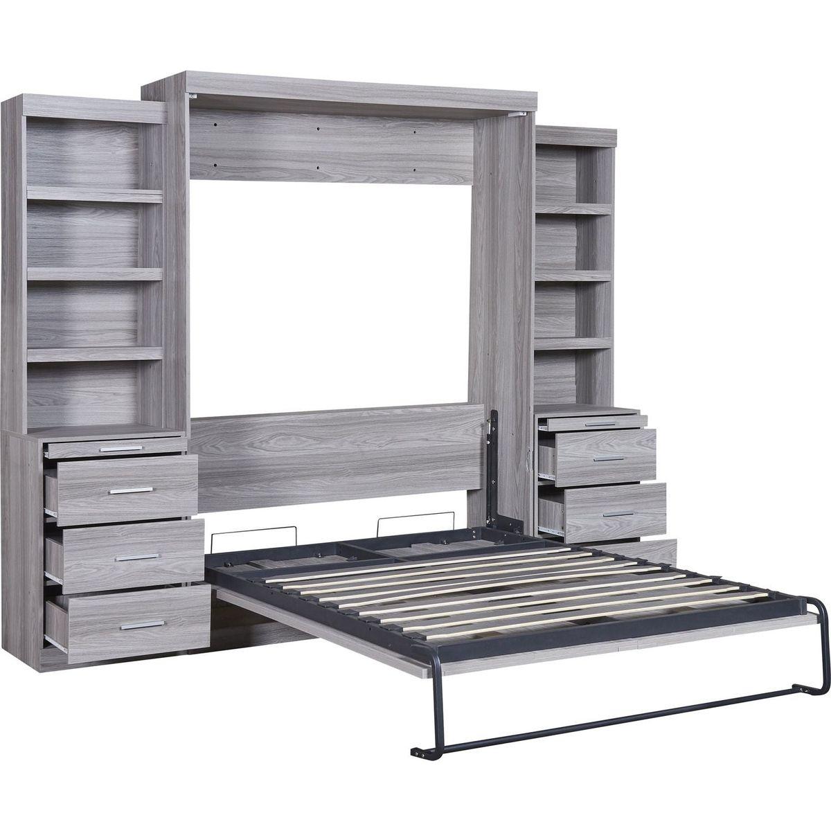 Full Size Murphy Bed with Storage Shelves and Drawers, Gray