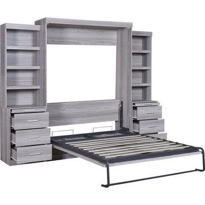Full Size Murphy Bed with Storage Shelves and Drawers, Gray