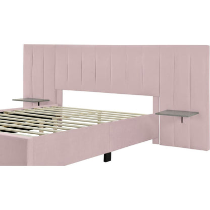 Queen Size Upholstered Platform Bed with Big Headboard, Bedroom Furniture, Velvet, Pink