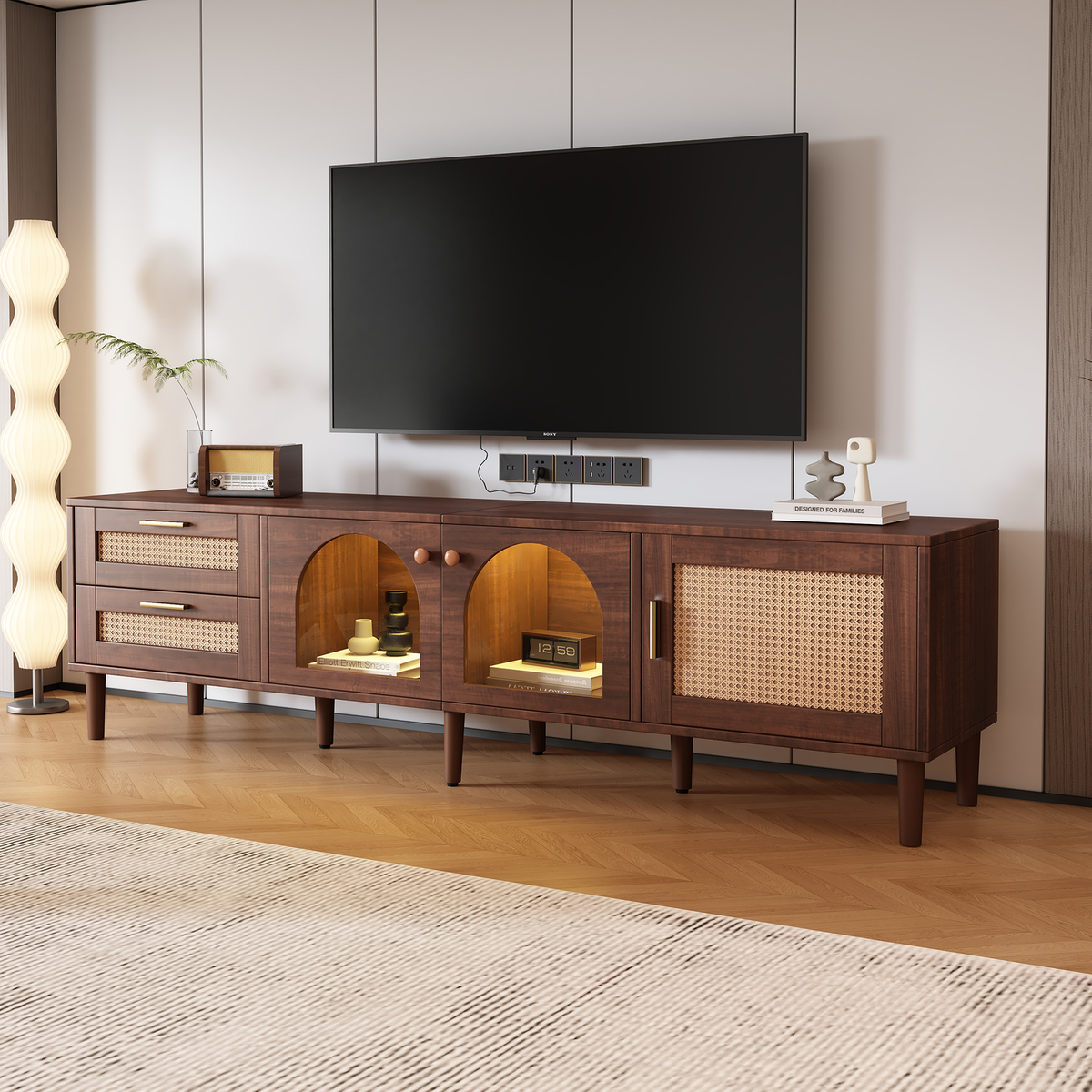 Rattan TV Stand with 3 Cabinets & 2 Drawers, Rattan-inspired Media Console Table for TVs up to 80", LED Light Entertainment Center, TV cabinet for Living room, Bedroom, Home Theatre - Streamdale Furniture