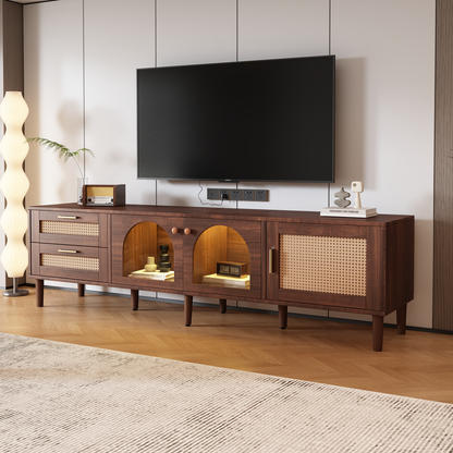 Rattan TV Stand with 3 Cabinets & 2 Drawers, Rattan-inspired Media Console Table for TVs up to 80", LED Light Entertainment Center, TV cabinet for Living room, Bedroom, Home Theatre - Streamdale Furniture