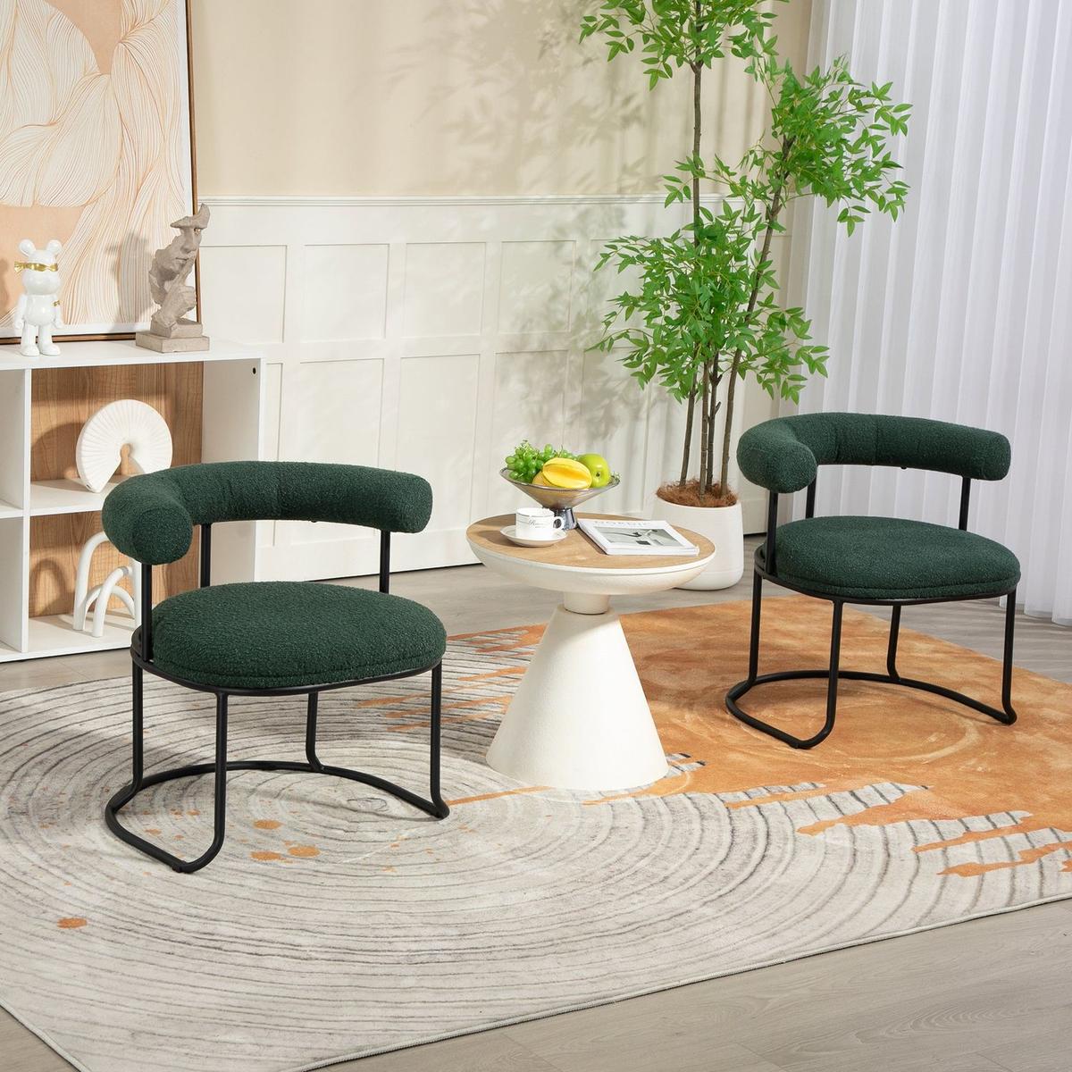 Boucle Dining Chairs Set of 2, Mid-Century Modern Curved Backrest Chair, Round Upholstered Kitchen Chairs (Emerald Boucle)