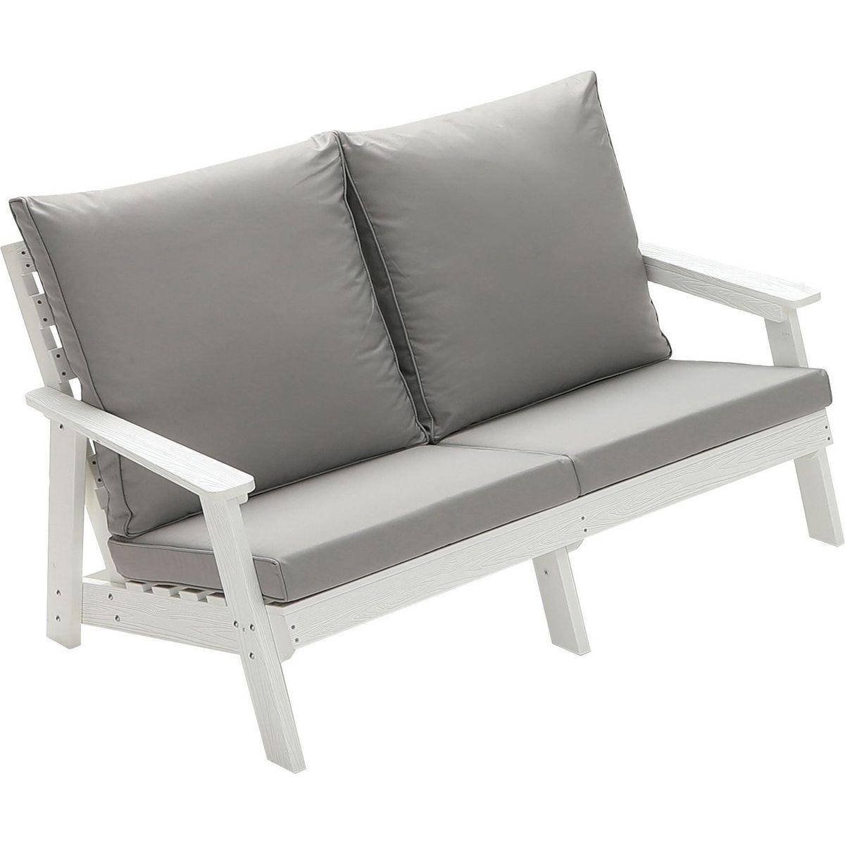 HIPS Loveseat with Cushion, Wood Grain Outdoor Garden Sofa,White/Grey