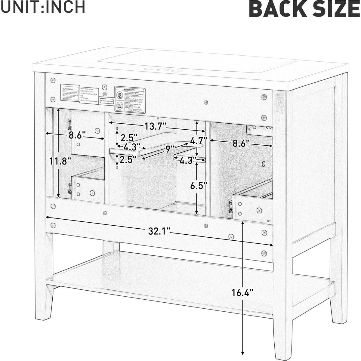 36" Bathroom Vanity without Sink, Cabinet Base Only, One Cabinet and three Drawers, Blue