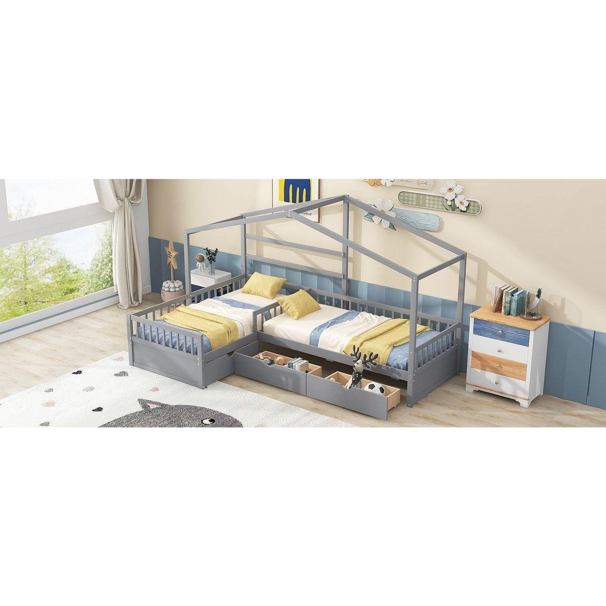 Twin Size House Platform Bed with Three Storage Drawers,Gray