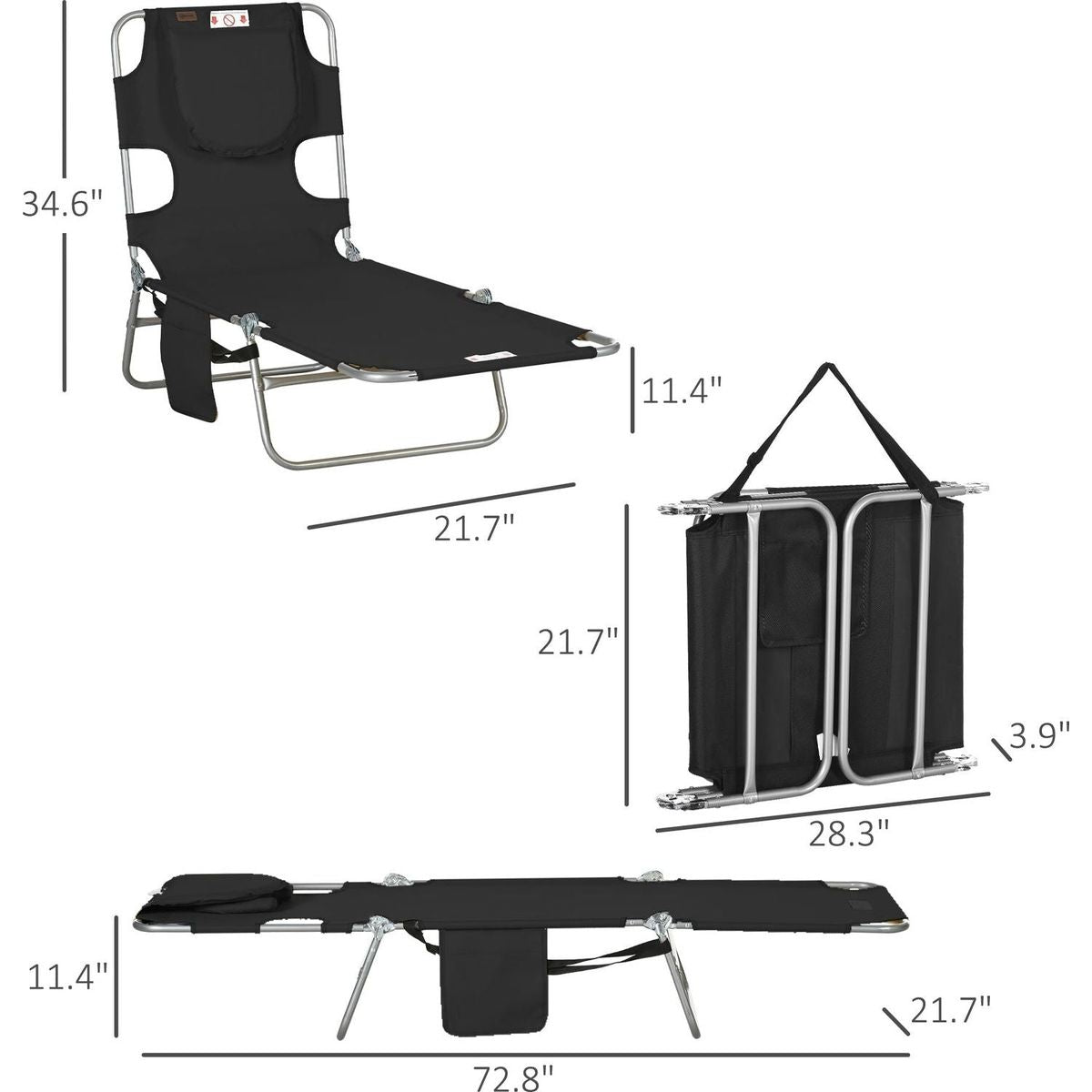 Folding Beach Lounge Chair with Face Hole and Arm Slots, 5-level Adjustable Sun Lounger Tanning Chair with Pillow for Patio, Garden, Beach, Pool, Black