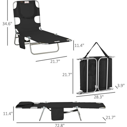 Folding Beach Lounge Chair with Face Hole and Arm Slots, 5-level Adjustable Sun Lounger Tanning Chair with Pillow for Patio, Garden, Beach, Pool, Black