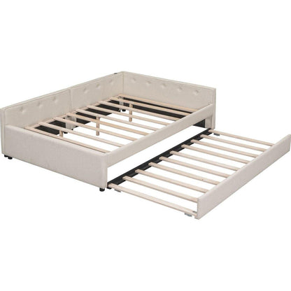 Full Size Upholstered Platform Bed with USB and Twin Size Trundle, Beige