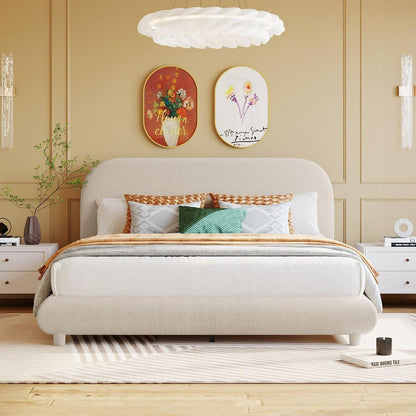 Teddy Fleece Queen Size Upholstered Platform Bed with Thick Fabric, Solid Frame and Stylish Curve-shaped Design, Beige
