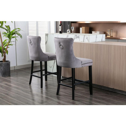 Contemporary Velvet Upholstered Barstools with Button Tufted Decoration and Wooden Legs, and Chrome Nailhead Trim, Leisure Style Bar Chairs,Bar stools, Set of 2 (Gray)