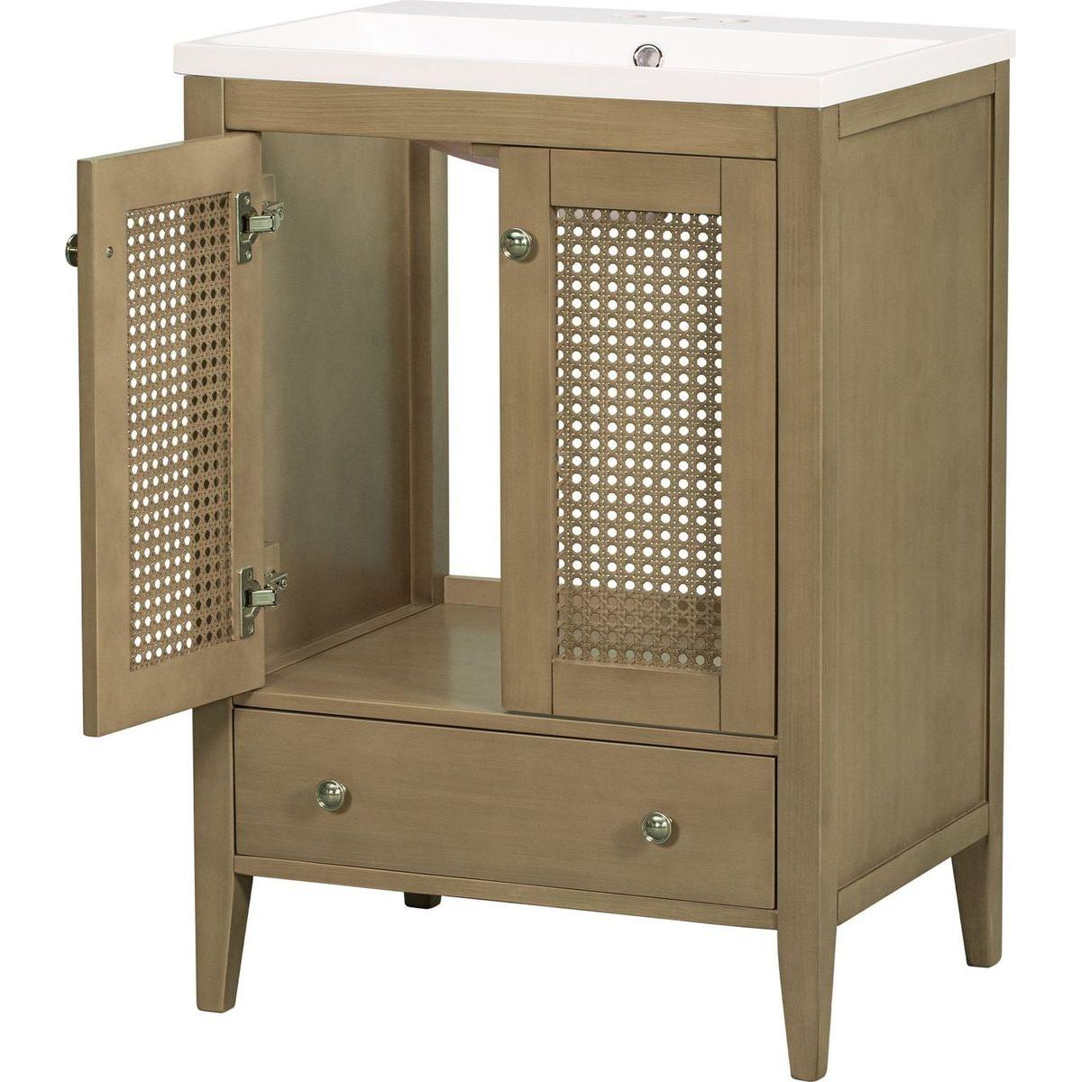24" Bathroom Vanity with Ceramic Basin, Rattan Bathroom Storage Cabinet with Two Doors and Drawer, Solid Frame, Natural
