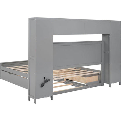 Queen Size Wooden Bed With All-in-One Cabinet, Shelf and Sockets, Gray