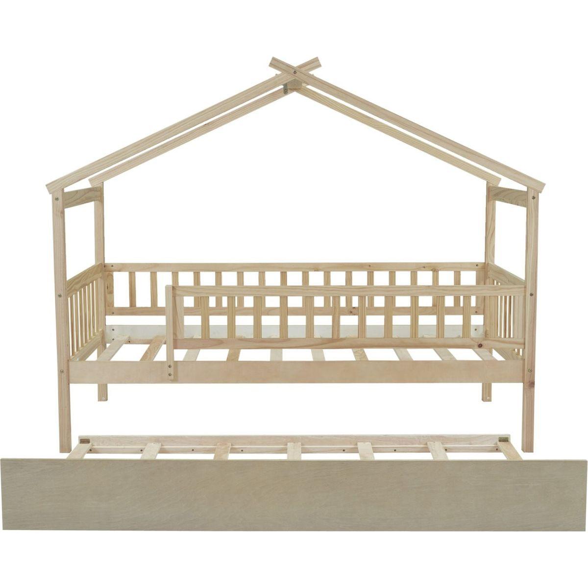 Twin Size Wooden House Bed with Twin Size Trundle, Natural