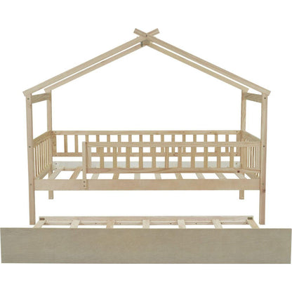 Twin Size Wooden House Bed with Twin Size Trundle, Natural