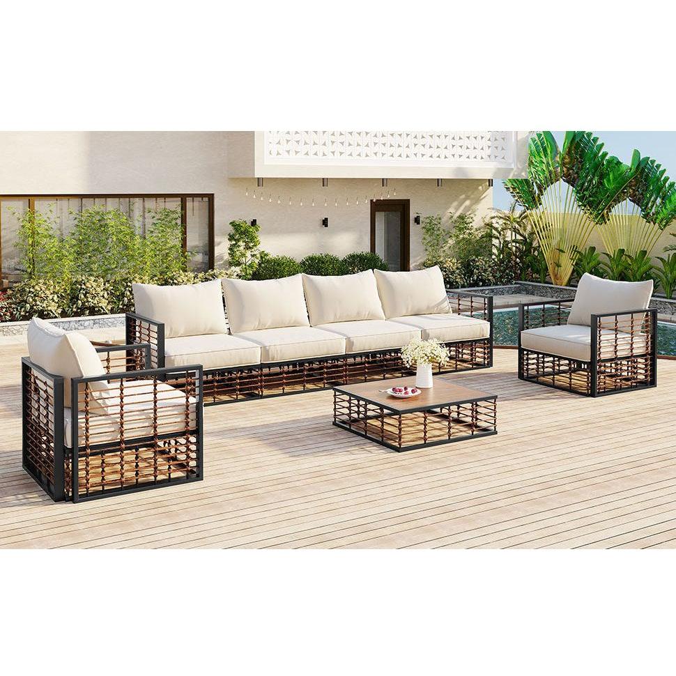 Modern Minimalist 7-Piece Metal Patio Sectional Sofa Set, All-Weather Garden Conversational Furniture Set with Thick Cushions and Coffee Table for Indoor Outdoor, Gray