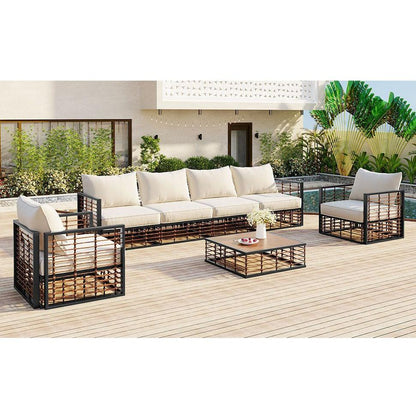 Modern Minimalist 7-Piece Metal Patio Sectional Sofa Set, All-Weather Garden Conversational Furniture Set with Thick Cushions and Coffee Table for Indoor Outdoor, Gray