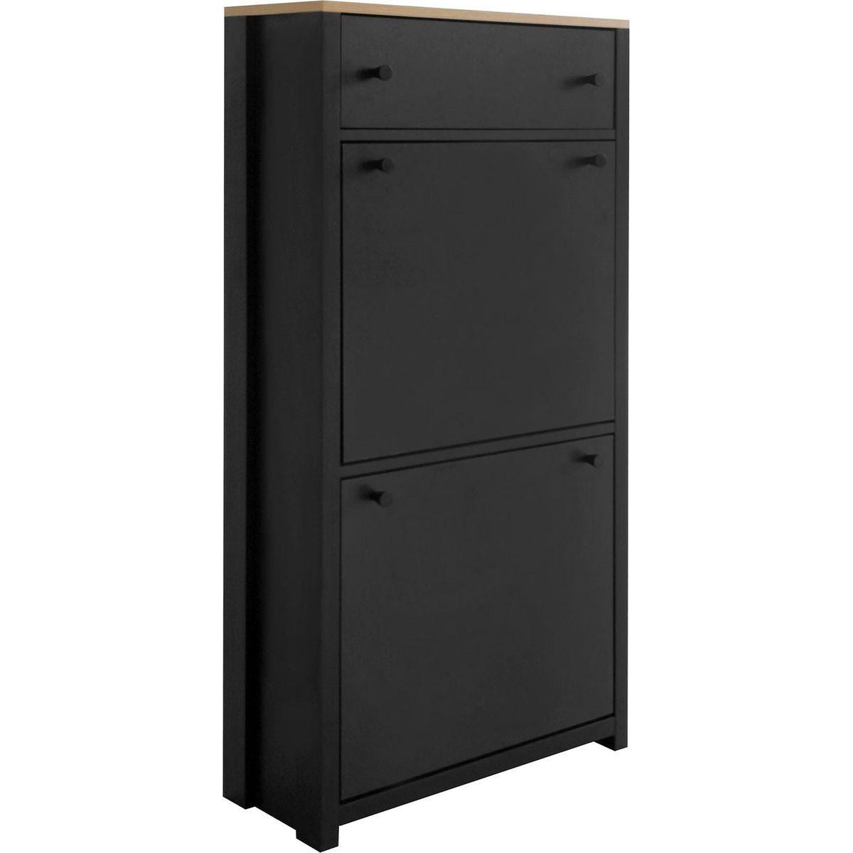 Functional Entryway Organizer with 2 Flip Drawers, Wood Grain Pattern Top Shoe Cabinet with Drawer, Free Standing Shoe Rack with Adjustable Panel for Hallway, Black