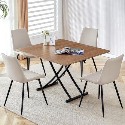 Modern minimalist multifunctional lifting table, with a 0.8-inch wood grain process sticker desktop and black metal legs, can be used as a dressing table, coffee table, dining table, and office table