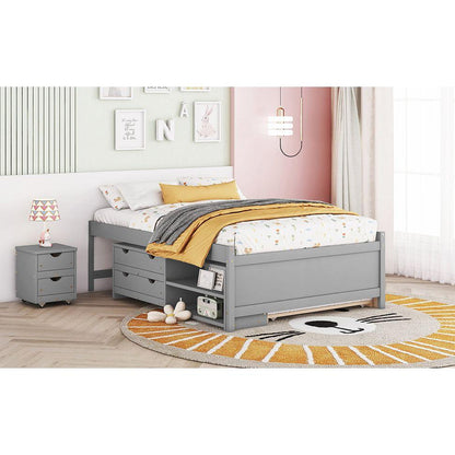 Versatile Full Bed with Trundle,Under bed Storage Box and Nightstand .Grey