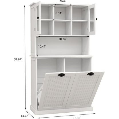 Two-Compartment Tilt-Out Dirty Laundry Basket Tall Bathroom Cabinet with 2 Adjustable Shelves-White