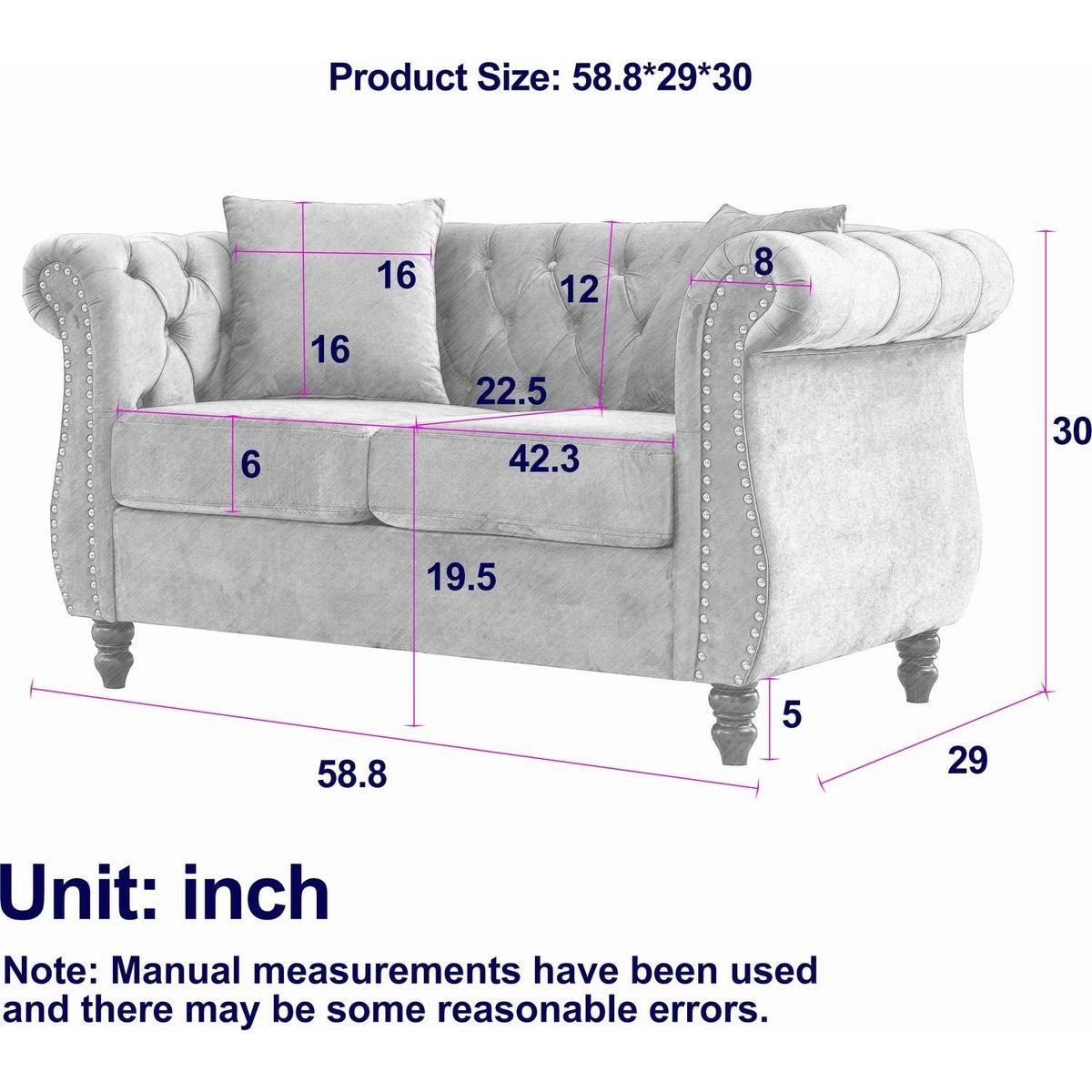 58.8" Chesterfield Sofa Black Velvet for Living Room, 2 Seater Sofa Tufted Couch with Rolled Arms and Nailhead for Living Room, Bedroom, Office, Apartment, two pillows