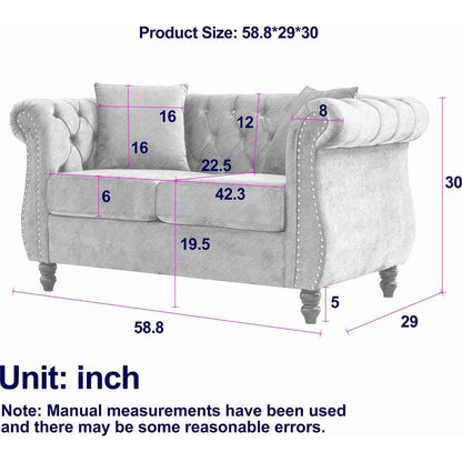 58.8" Chesterfield Sofa Black Velvet for Living Room, 2 Seater Sofa Tufted Couch with Rolled Arms and Nailhead for Living Room, Bedroom, Office, Apartment, two pillows