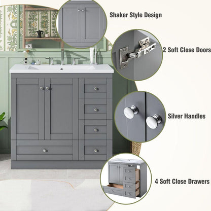 36 inch Shaker Style Free-Standing Bathroom Vanity Cabinet with Sink, 4 Soft-close Drawers and 2 Soft-close doors