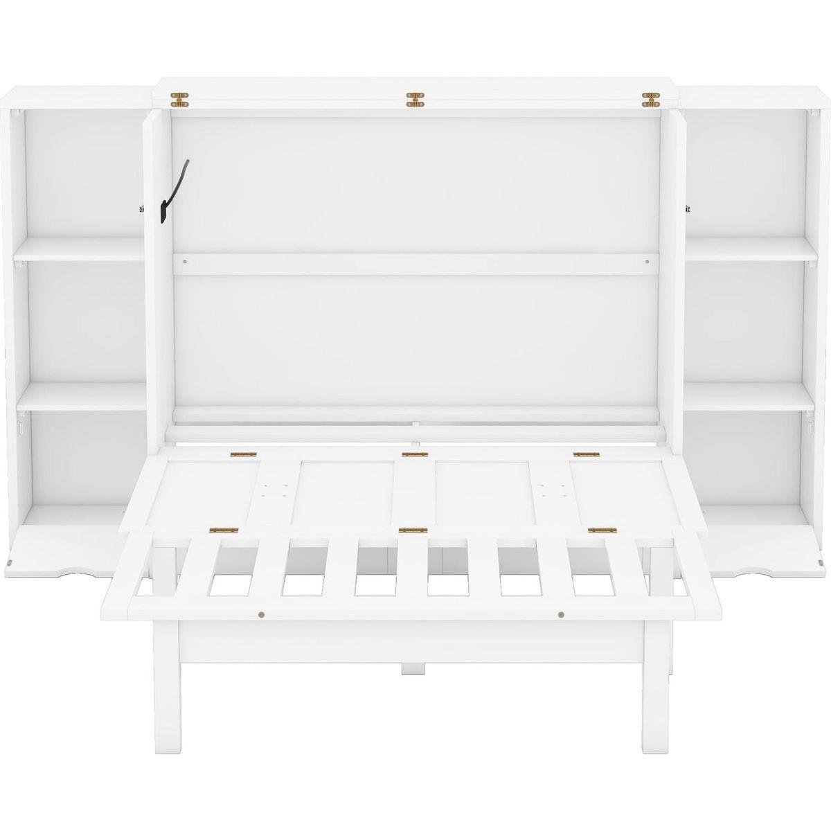 Queen Size Murphy Bed with Shelves, Drawers and USB Ports,White
