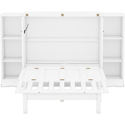 Queen Size Murphy Bed with Shelves, Drawers and USB Ports,White
