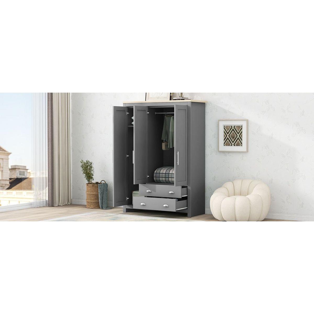 Three Door Storage Wardrobe with Cabinets and Two Hanging Rods,Gray