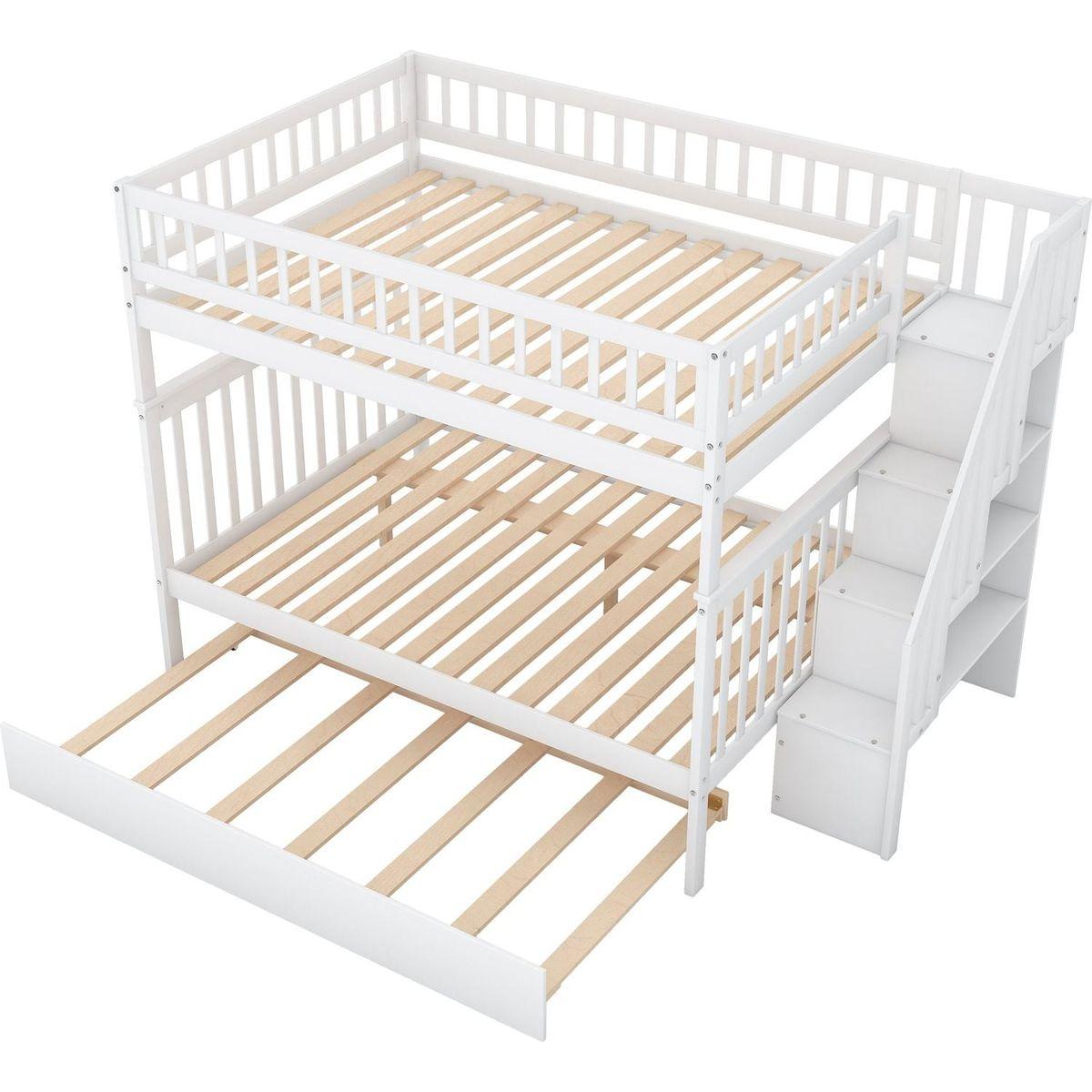Full over Full Bunk Bed with Trundle and Staircase,White