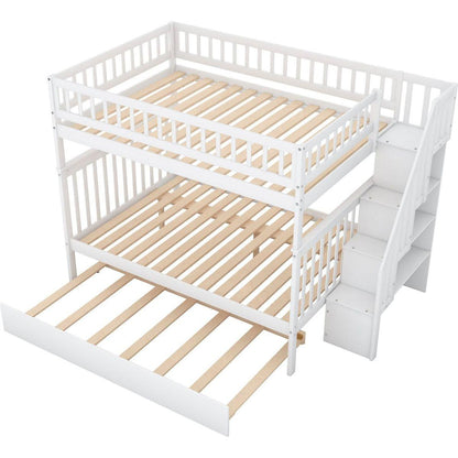 Full over Full Bunk Bed with Trundle and Staircase,White