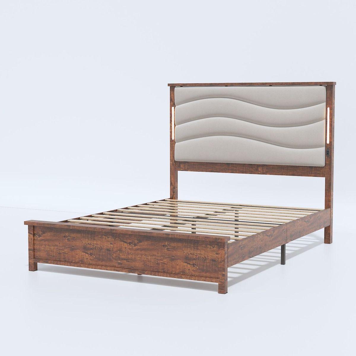 King Size Bed Frame with Upholstered Headboard, King Bed Frame with Charging Station and LED Lights, Wood Slats, Dark Gray Linen, No Box Spring Needed, Easy Assembly