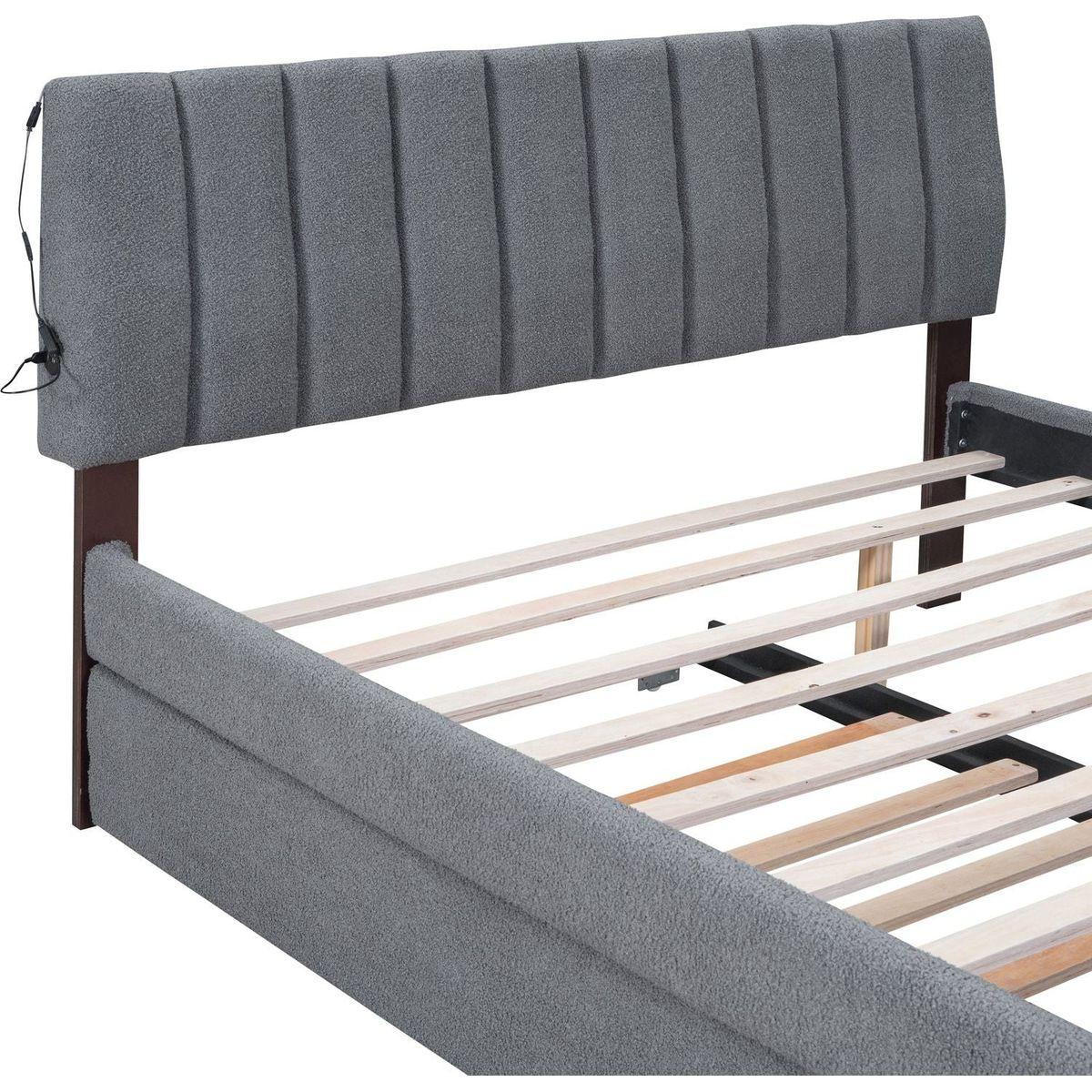 Teddy Fleece Queen Size Upholstered Platform Bed with Trundle, Gray