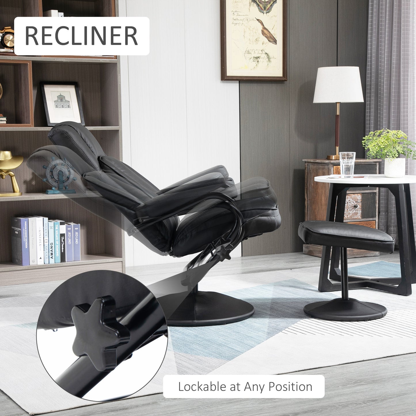 Swivel Recliner, Manual PU Leather Armchair with Ottoman Footrest for Living Room, Office, Bedroom, Black