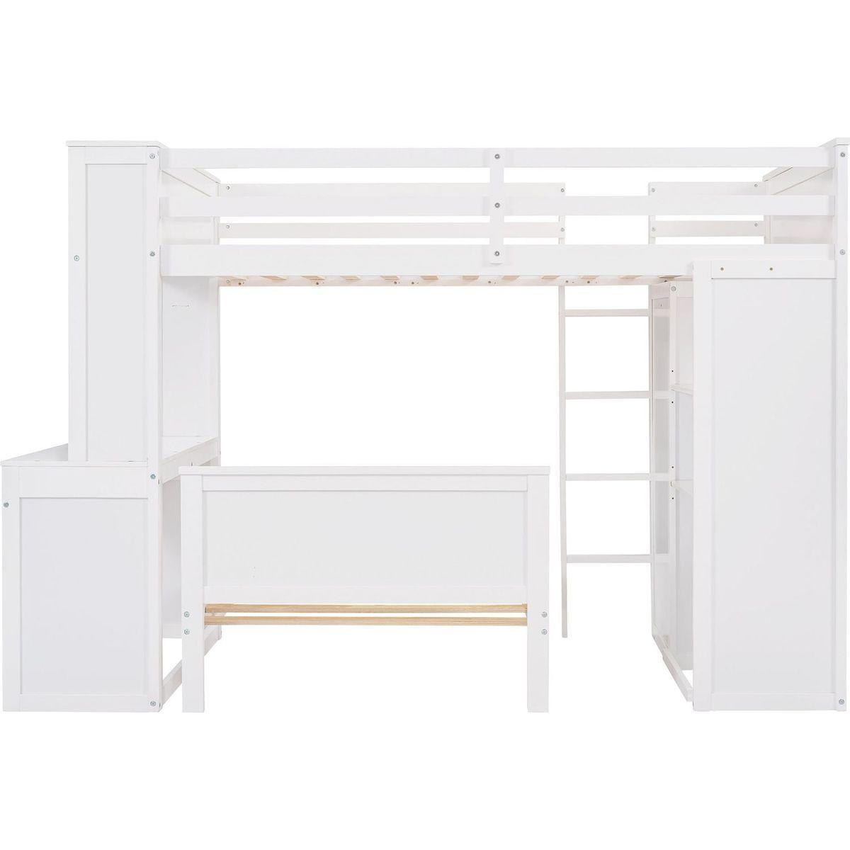 Twin size Loft Bed with a Stand-alone bed, Shelves,Desk,and Wardrobe-White