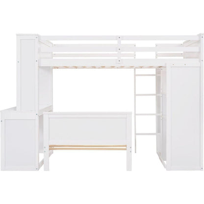 Twin size Loft Bed with a Stand-alone bed, Shelves,Desk,and Wardrobe-White