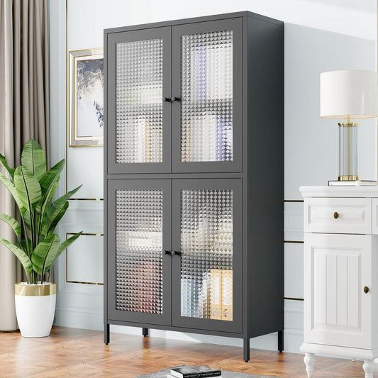 Classic Metal Storage Cabinet Display Cabinet with 4 Glass Doors 4 Shelves Cabinet Bookcase Side Cabinet for Home Office Living Room Kitchen Hallway - Black, Waffle Grids Tempered Glass